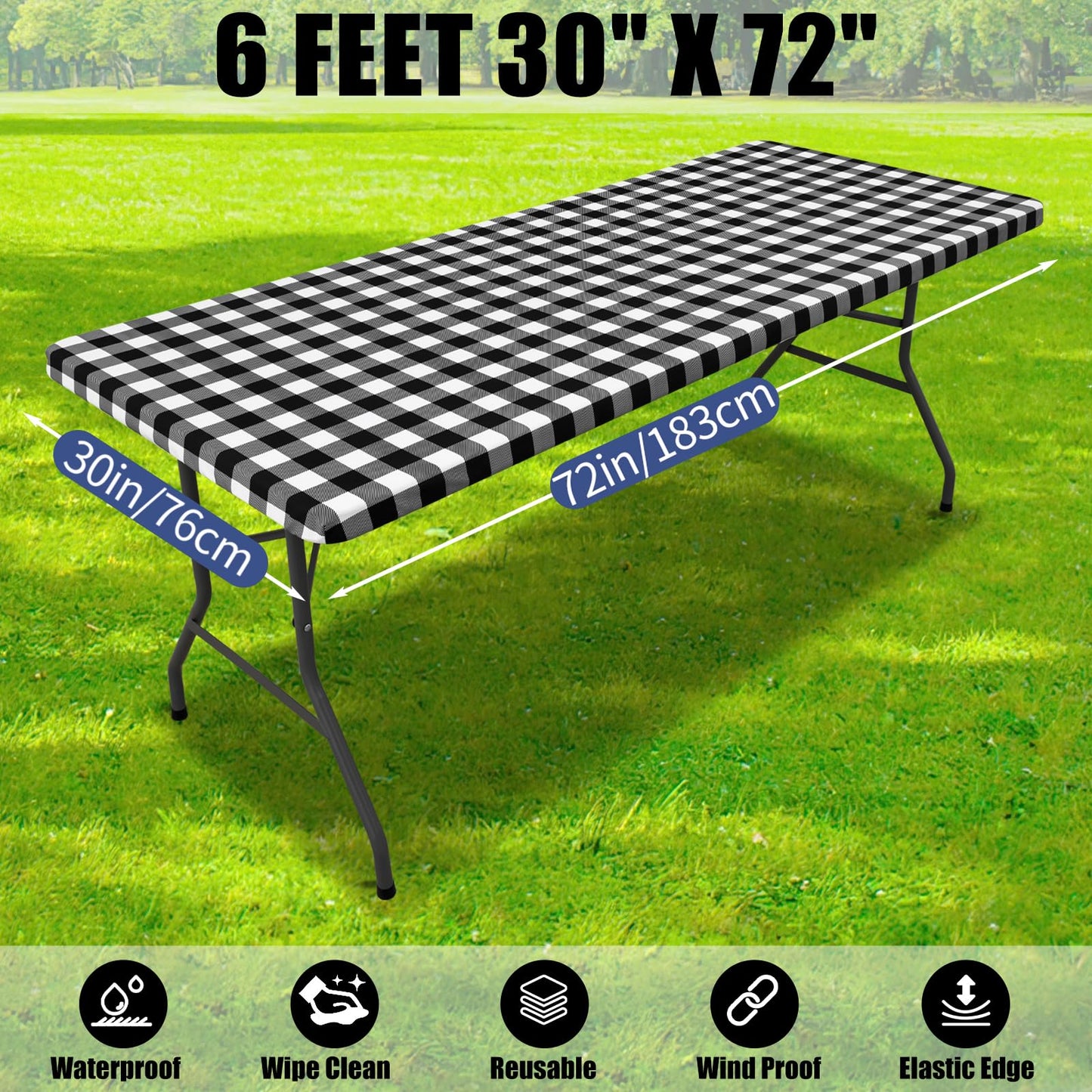 Smiry Picnic Table Cloth 2 Pack, Waterproof Elastic Fitted Tablecloths for 6FT Rectangle Tables, Washable Polyester Buffalo Plaid Tablecloth for Camping, Dining & Outdoor (Black & White, 30" x 72")