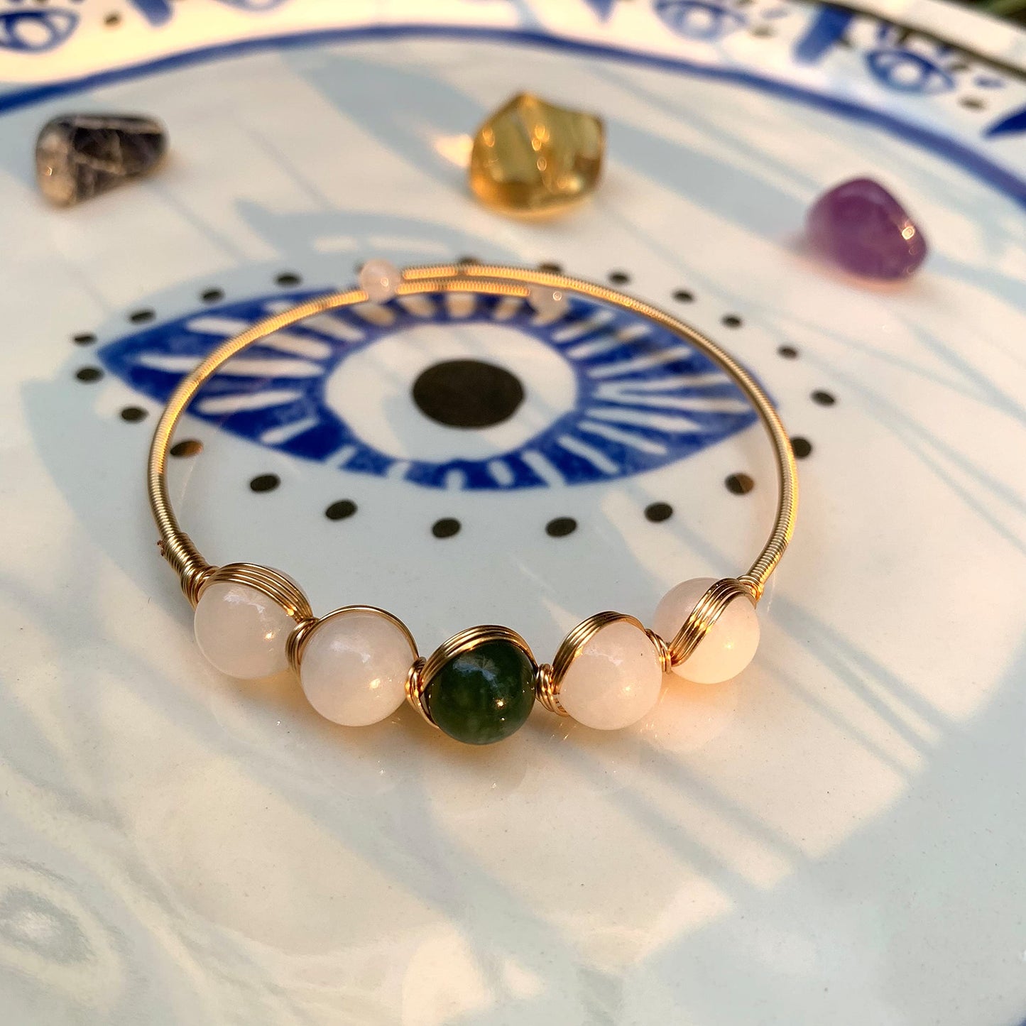 PSEEHEE Handmade Genuine Jade Bracelet 14k Gold Filled Wire Wrapped, Feng-shui Stone Chakra Healing Gemstone Crystal Beads Adjustable Bangle Cuff Jewelry Gift for Women
