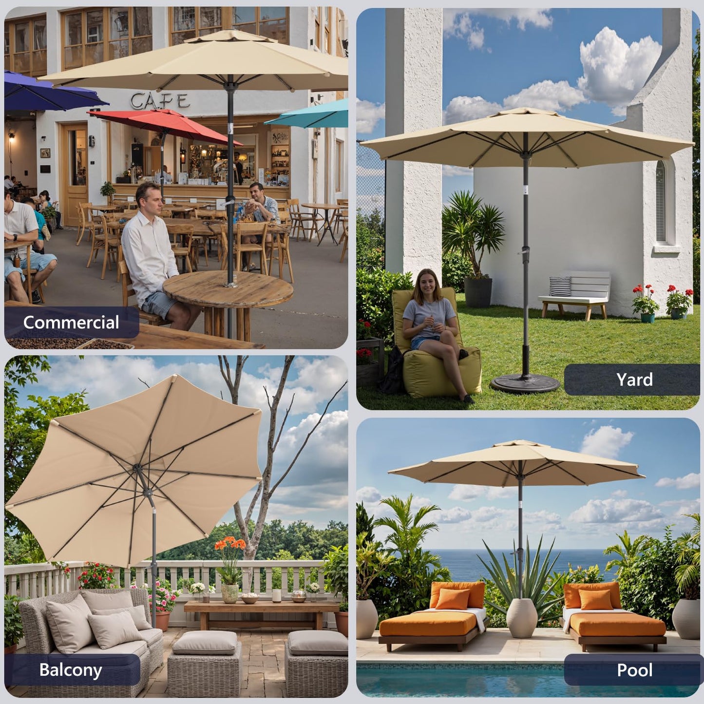 Benass 9ft Outdoor Patio Umbrella with One Push Button Tilt and Crank, 8 Sturdy Fiberglass Ribs Market Table Umbrella (Beige)