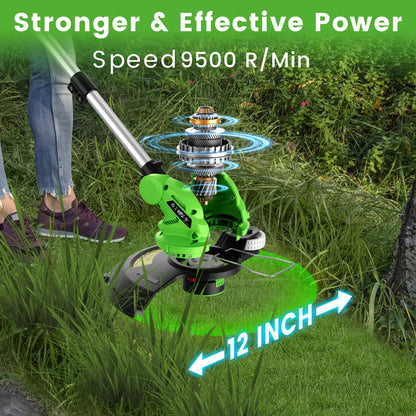 20V 12" Cordless String Trimmer With 2 X 4.0ah Battery and Charger, Electric Grass Trimmer Battery Powered Eater String, Edger Lawn Tool Grass Cutter With 8pcs Line, Lawn Mover For Yard, Garden, Green