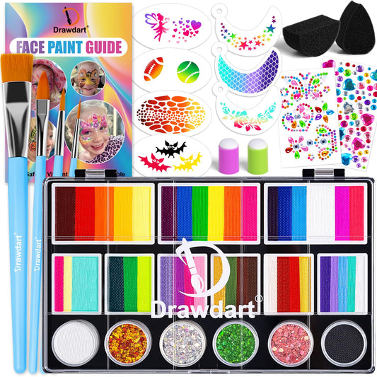 Drawdart Professional Face Painting Kit for Kids Adults, Large Split Cake Face Paint Palette with Glitters, One Stroke Non-Toxic Rainbow Face Body Makeup Kit for Festival, Party & Cosplay Makeup