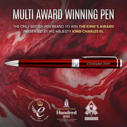 Scriveiner Personalized Deep Crimson Red Ballpoint Pen - Stunning Red Lacquer Luxury Pen with Chrome Finish, Schmidt Ink Refill, Engraved Ball Point Gift Set for Men & Women, Custom Engraving
