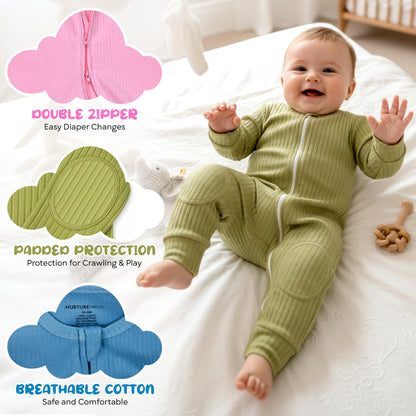 NurtureNauts® Crawling Baby Romper with Built-in Knee & Elbow Pads - 100% Cotton, 2-Way Zipper, Tagless for Active Babies (Pastel Pink, 12–18 Months)