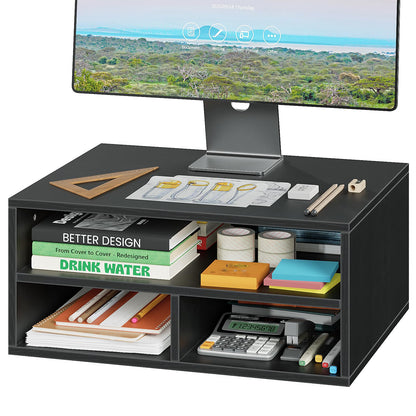 ALISENED Printer Stand for Desk, 2-Tier Wooden Desk Organizer with Adjustable Compartments, Heavy Duty Desktop Stand for Printer Scanner Monitor, Space Saving Office Organization and Storage, Black