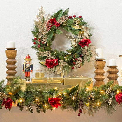 Alupssuc 24 PCS Christmas Tree Decorations, 12 PCS Poinsettia Flowers Artificial+6 PCS Glitter Holly Berry Stems+6 Berry Leaves Christmas Tree Picks for Party Wreath Fireplace, Champagne Gold