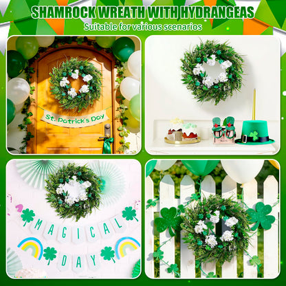 22" st Patricks Day Wreaths for Front Door, Green Shamrock & White Hydrangea Artificial Wreaths with LED Lights, Spring Holiday Wreath for Wall Window Porch Home Decor