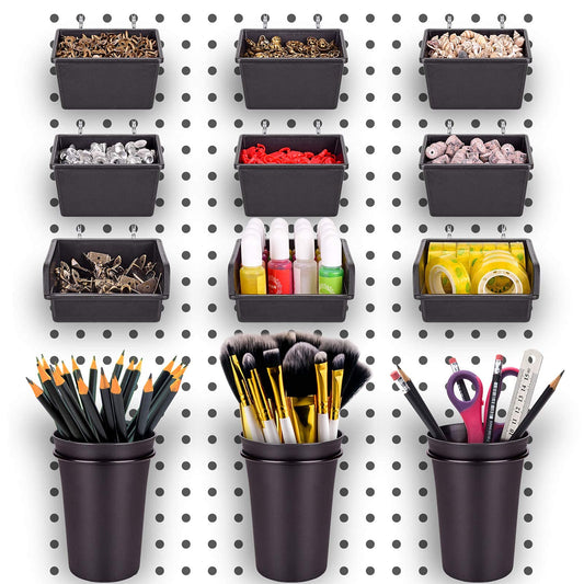 G.CORE 12 Pack Pegboard Bins PegBoard Cups with Hooks & Loops, Peg Board Hooks Assortment Organizer Accessory, Various Tools Storage Arrange Kit for Garage Craft Workshop Workbench