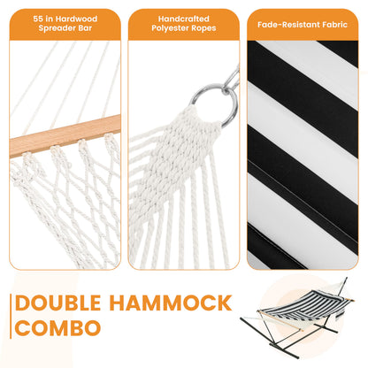 Lazy Daze Hammocks 2 Person Portable Hammock with 12FT Stand, Double Hand Woven Cotton Rope Hammock with Detachable Quilted Pad & Pillow for Outside, 450lb Capacity, Black White Stripes