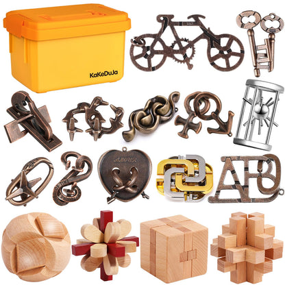 16 PCS Metal & Wooden Brain Teaser Puzzle Set – Challenging Logic & Ring Puzzles for Adults, Entertaining & Thoughtful Gift for Family and Loved Ones