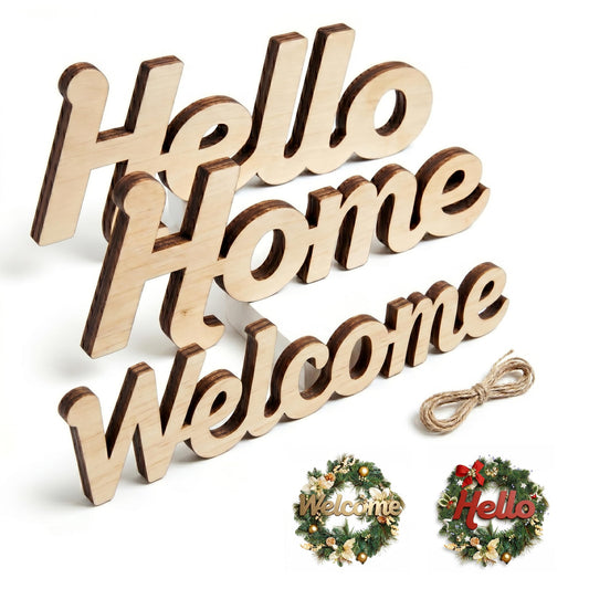 3 Pack Unfinished Poplar Wood Word Cutouts for Crafts, Hello Home Welcome with 6 Twine Strings, 5mm Thick Wooden Words for Wreath Making, Front Door Decor, Wall Decor & DIY Painting