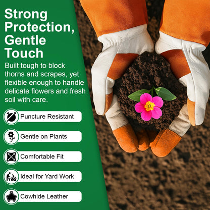 Gastody Long Sleeve Leather Gardening Gloves for Women & Men – Thornproof & Puncture Resistant Cowhide Work Gloves – Heavy Duty Yard Work, Pruning, Landscaping, Welding, Construction L