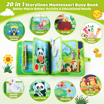 Busy Book for Toddlers 1-3, Montessori Toys Busy Board for 1 Year Old, Upgraded Composite Fabric Animal Forest Quiet Book with Fishing Game, Airplane Travel Essential Activities Birthday Gift Boy Girl