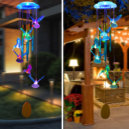 Outdoor Solar Wind Chime Decoration, Mother's Day Birthday Gifts for Grandma, Mom and Family, Outdoor Garden and Courtyard Wind Chime Accessories (Blue Hummingbird)