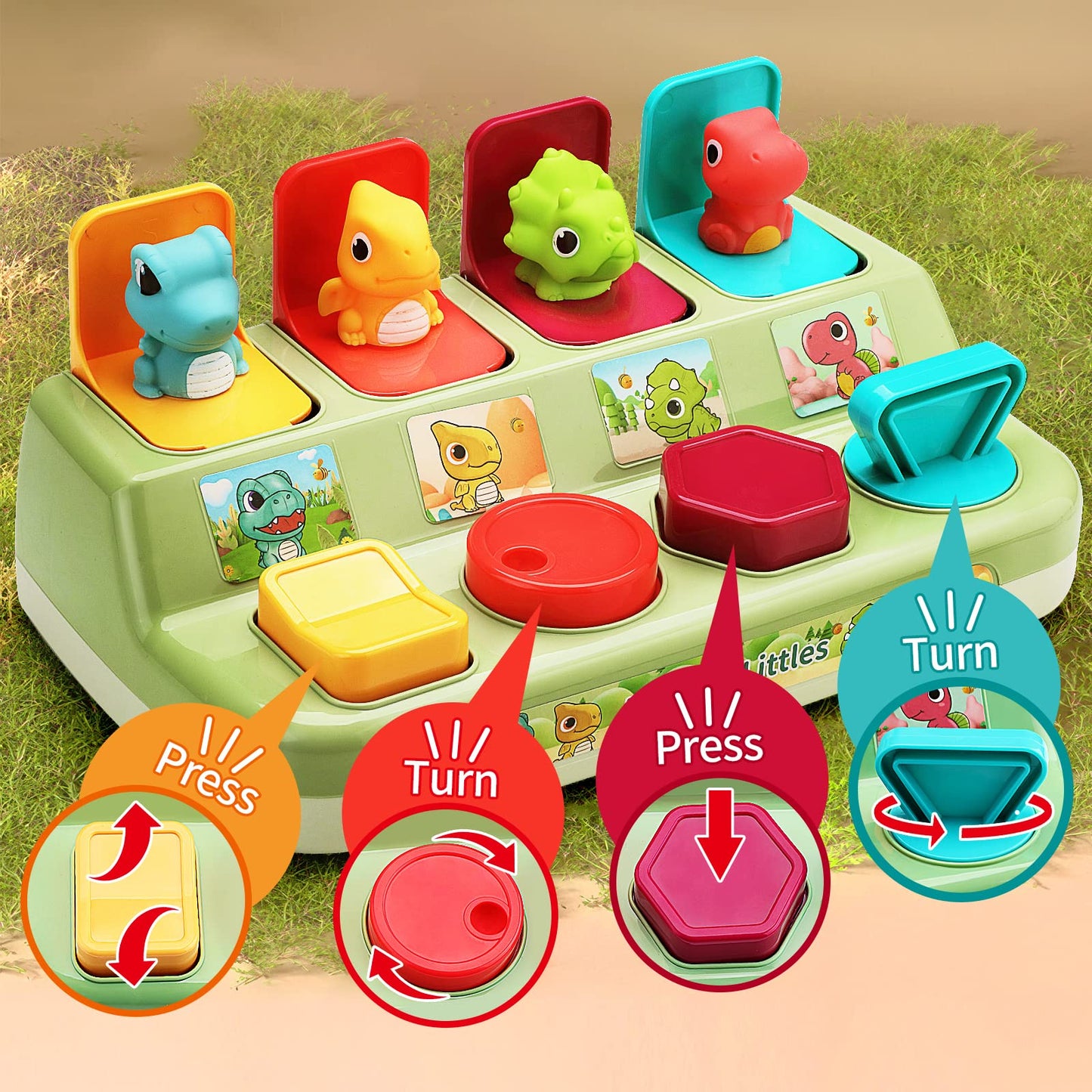 Aiqi Pop Up Animals Toy for Toddlers 9-18 Months, Dinosaur Cause and Effect Toys for Babies 1 Year Old, Montessori Sensory Learning Fine Motor Skills Development Gift for Boys Girls (No Batteries)