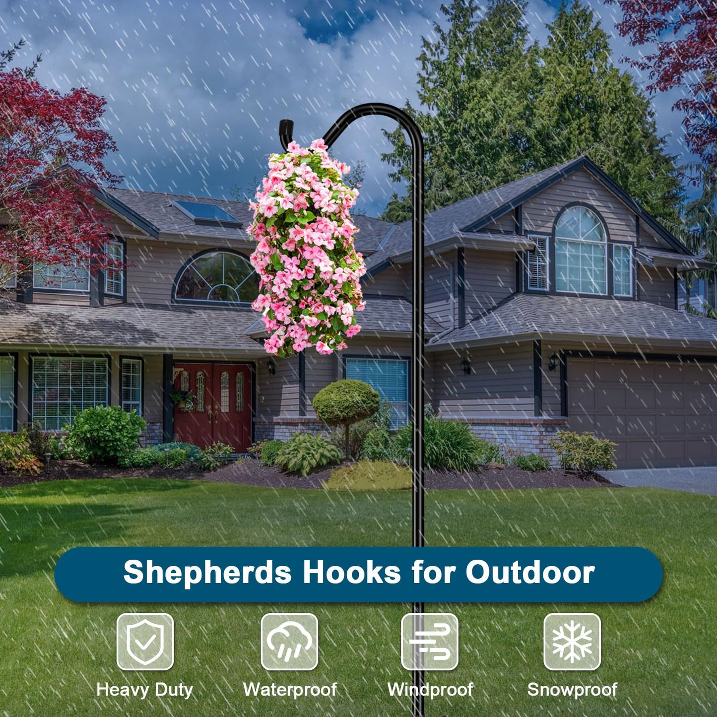 Gtongoko Shepherds Hook for Outdoor, 92 Inch Bird Feeder Pole with 7 Prongs Base, 3/4 Inch Thick Heavy Duty Adjustable Garden Hook for Hanging Plant, Hummingbird Feeder, Lantern, 1 Pack