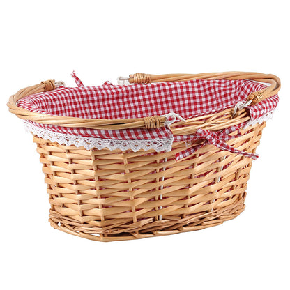 ZEONHEI Wicker Woven Basket with Double Folding Handles, Willow Picnic Hamper with Linen Cloth Lining for Easter Eggs, Candy Storage, Gift Packing, (Red, 14 Inch)