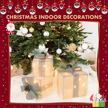 Set of 3 Christmas Lighted Gift Boxes with 60 LED Lights, Plug-in Holiday Decorations for Xmas Tree, Home, Indoor Outdoor Décor(Silver)