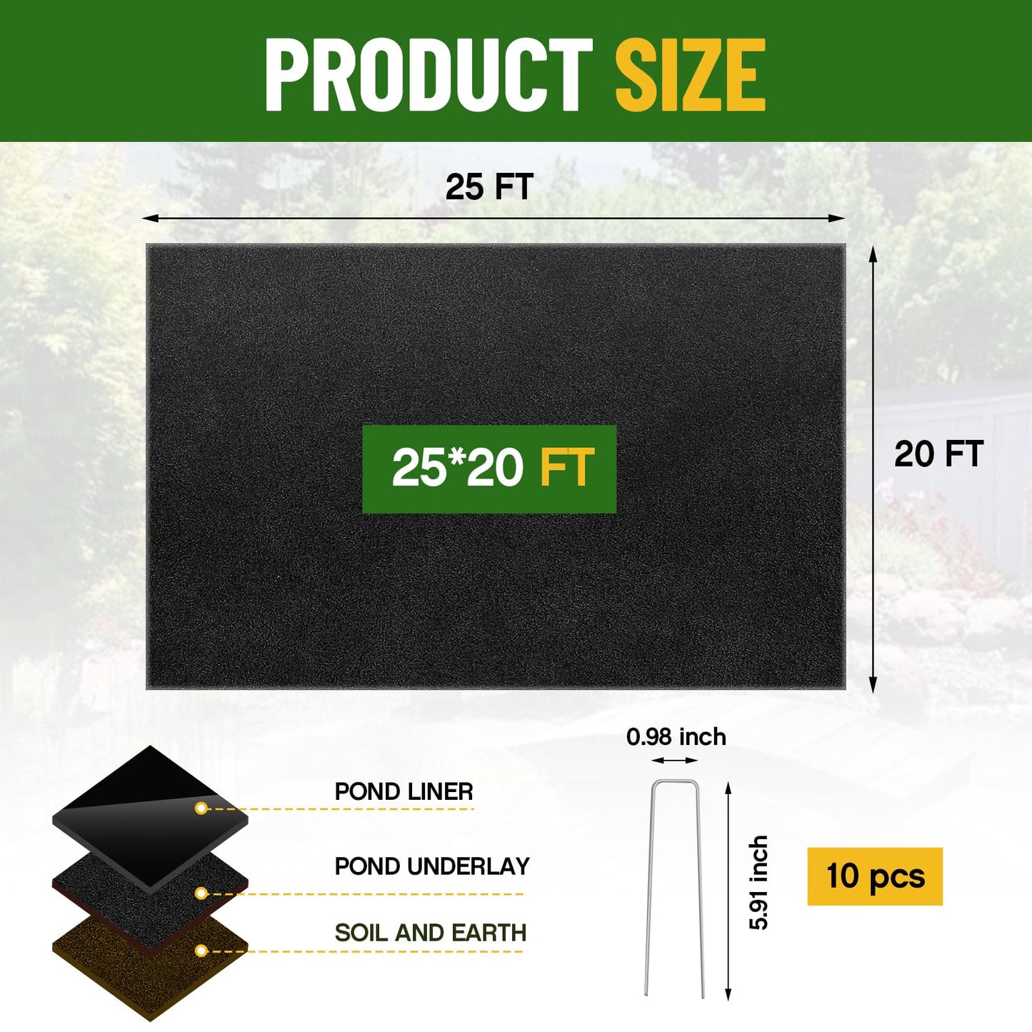 Fanfanwin 20 x 25 ft Pond Liner Underlayment 6oz Heavy Duty Black Non Woven Geotextile Underlayment Fabric with 10 U-pins for Outdoor Pond Streams Fountains Garden Waterfalls Fishpond Weed Barrier