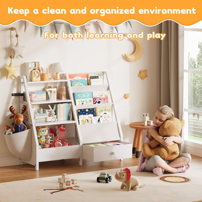 Kids Bookshelf and Toy Storage Organizer, Kids Bookcase Montessori 3 Tier Baby Toddler Sling Book Shelf with Drawer Pockets for Kids Room, Nursery, Playroom, Bedroom, White