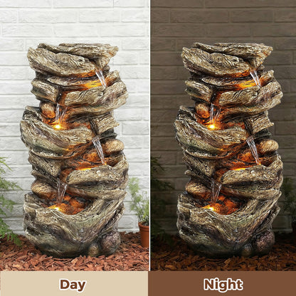 Jocoevol 32" High Outdoor Water Fountain, 5-Tiers Cascading Rock Waterfall Fountain with LED Lights for Garden, Patio, Yard Decor, Soothing Tranquility for Any Outdoor Living Space