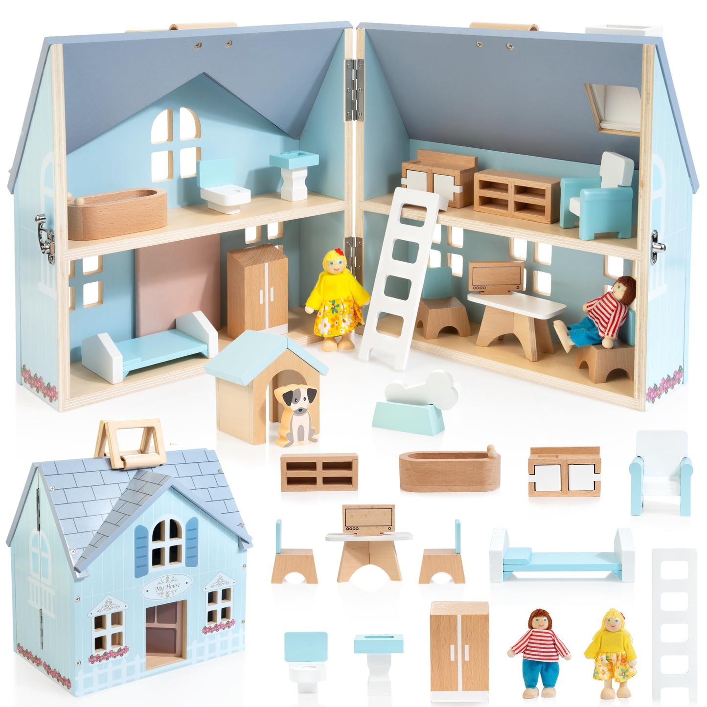 WOODMAM Foldable Wooden Dollhouse with 2 Dolls & Pet Set, 20PCS Furniture Wooden Doll House for Girls Age 3-6, Portable Pretend Play Toy, Christmas Birthday Gift for Toddlers