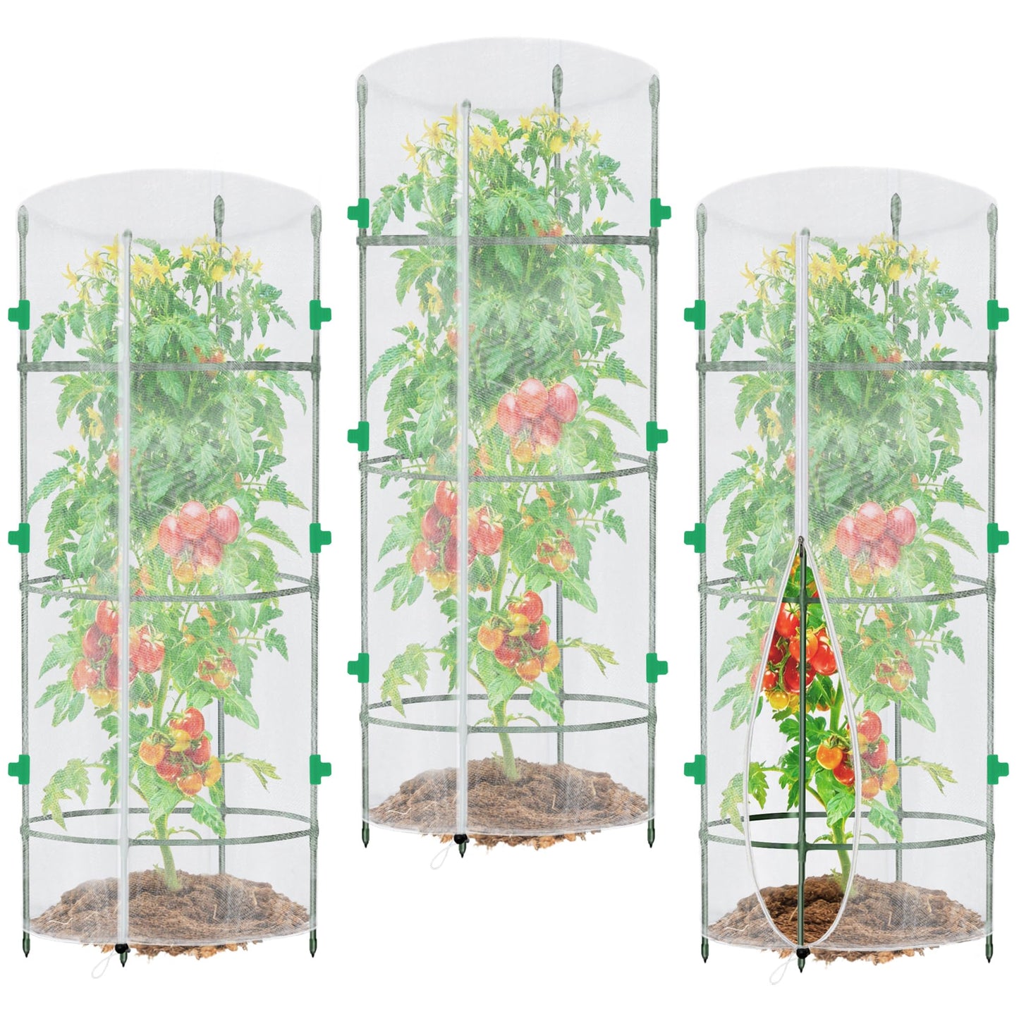 3 Pack Garden Netting for Round Plant Cage, 55" x 15" Tomato Cage Bird Netting Mesh Plant Cover with Zipper, Tomato Trellis Pest Barrier Garden Protection Net Cover for Climbing Plants Vegetables