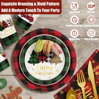Christmas Party Decorations Supplies - 175 PCS Christmas Xmas Disposable Dinnerware Set(25 Guest) with Buffalo Plaid Truck Tree Paper Plates Napkin Cup Plastic Fork Knives Spoon for Holiday Decor