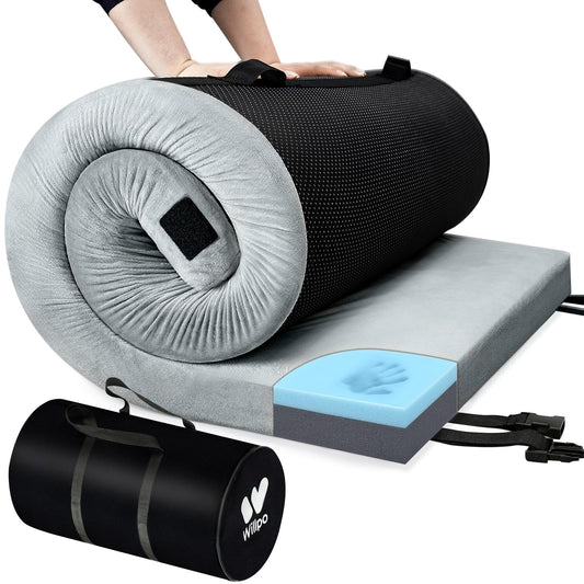 Willpo CertiPUR-US Memory Foam Camping Mattress - Dual Interchangeable Washable Covers Included, Lightweight Portable Sleeping Pad with Travel Bag for Tents, Guest Beds, Home - Gray, Single