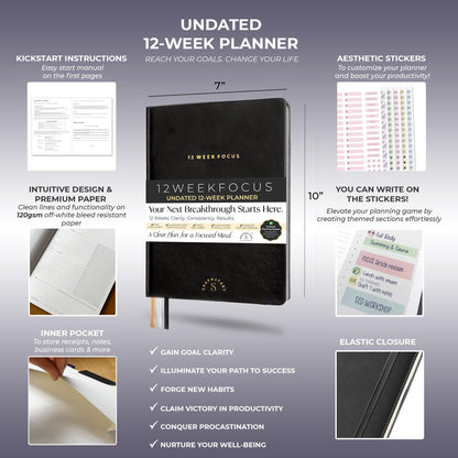 12 Week Focus Planner – High Performance Productivity Planner & Goal Planner | Undated Weekly and Daily Planning System with Habit Tracker | 7x10 Hardcover Project Planner