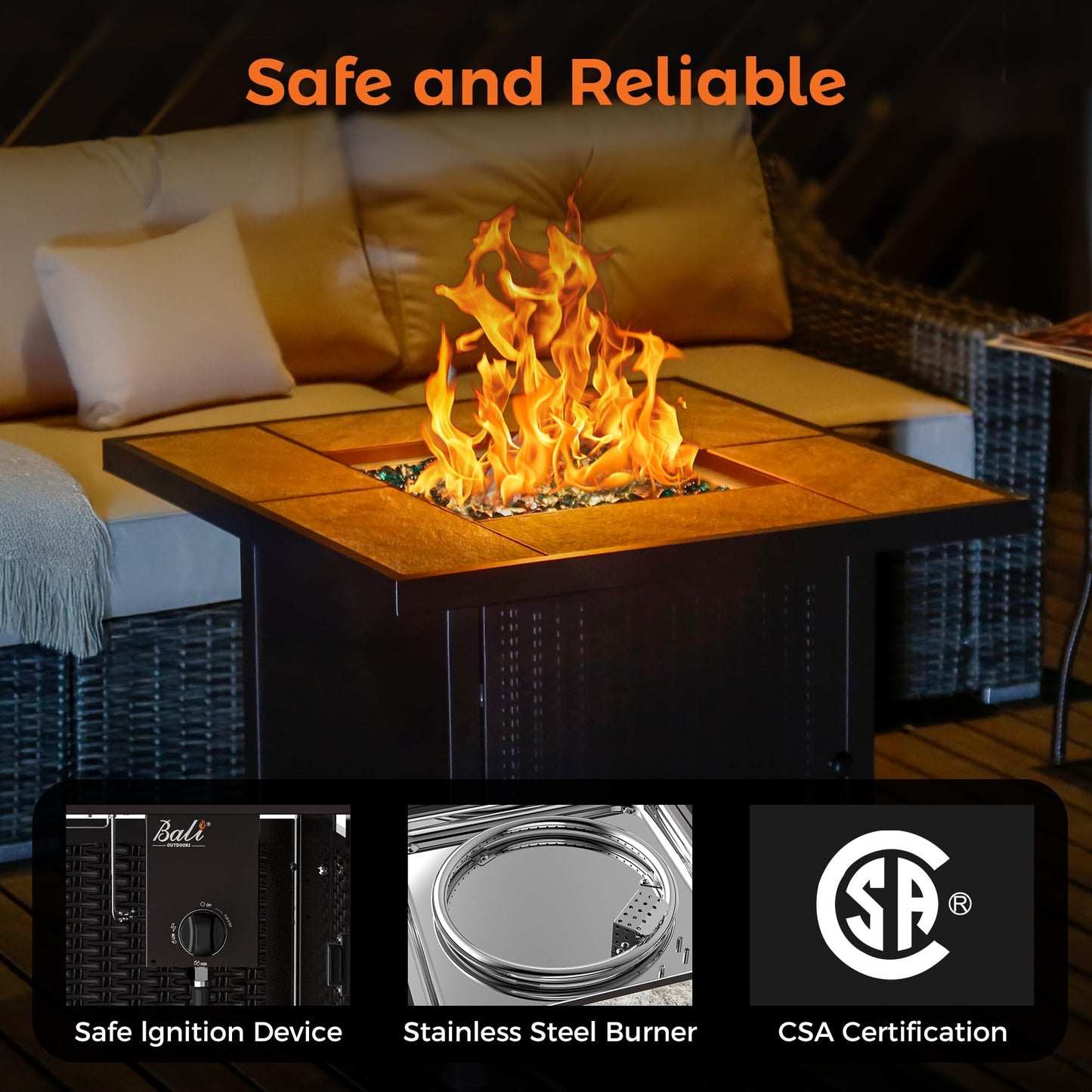 BALI OUTDOORS Propane Gas Fire Pit Table 32 inch 50,000 BTU Square Gas Firepits for Outside, Brown