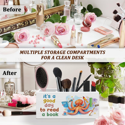 WODMIS Book Lovers Gifts Pen Pencil Holder for Desk, Book Reader Gifts, It's a Good Day to Read a Book Octopus Wooden Box Organizer Decorations for Classroom Reading Room Desk Accessories Tabletop