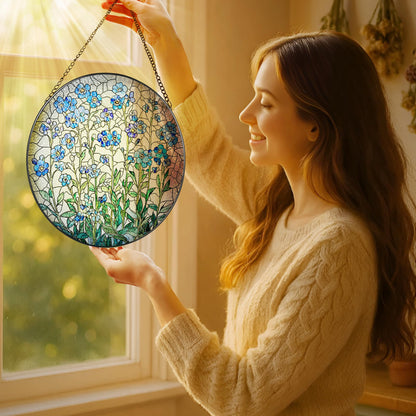 8 Inch Stained Glass Window Hanging, Forget Me Not Flower Stained Glass Suncatcher, Window Decor, Plant Lover Gift for Women, Forget Me Not Gifts for Couples, Best Friend, Family, Colleague, Classmate