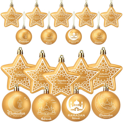 PullCrease 36 Pcs Eid Mubarak Decorations Ramadan Hanging Decorations Gold Moon Ornaments Plastic Eid Mubarak Hanging Balls Star Ramadan Islamic Decor for Home Window Islamic Muslim Tree Party Decor