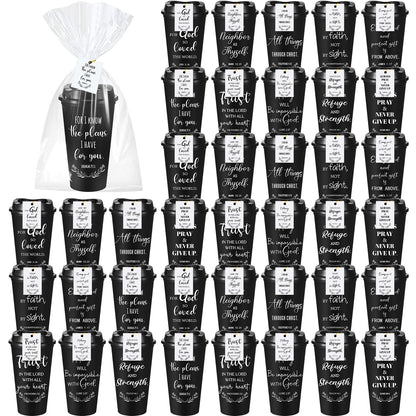 LemonRoad 40 Sets Christian Gifts Bulk 16oz Reusable Bible Verse Coffee Cups with Lids Cards and Gift Bags Inspirational Religious Gifts for Church Party (Black)