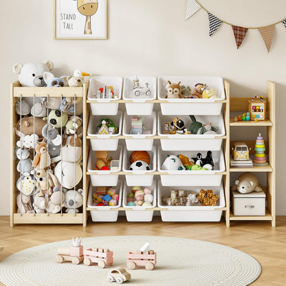 EXPERLAM 3-in-1 Toy Storage Organizer, Stuffed Animal Holder & 3-Tier Bookcase, Solid Wood Toy Organizer with 12 Storage Bins, Space-Saving Toy & Book Shelf for Kids Rooms, Bedroom, Playroom, White