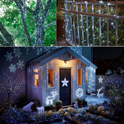 Solar LED Christmas String Lights - 2 Pack Total 144ft 400 LED 8 Modes Outdoor Icicle String Lights, Waterproof Solar Powered White Fairy Light for Garden Patio Fence Christmas Tree Decorations White