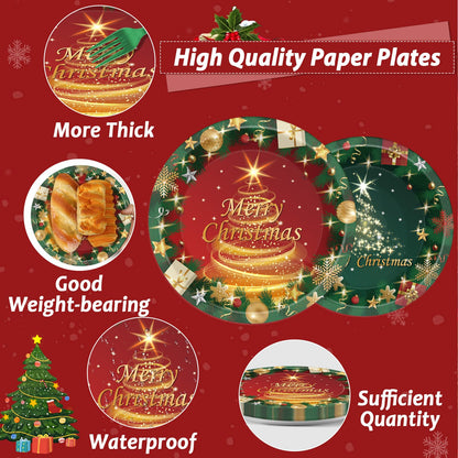 96PCS Christmas Party Supplies - Paper Plates & Napkins in Red & Green - Serves 24 - Xmas Tree Party Decorations & Favors