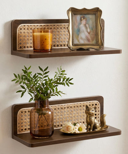 Mazjoaru Rattan Wall Shelf Mid Century Modern Decor Floating Shelves Walnut Boho Wall Decor Decorative Shelving Home Decor Living Room Bedroom Coffee Bar Bathroom Plant Photo 16inch