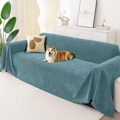 Smiry Couch Cover for Dogs, Washable Chenille Sofa Covers for 3 Cushion Couch, Soft Sofa Slipcover for Pets, Thick Sectional Furniture Protector with Tassels (Blue, 88.5x134 Inch)