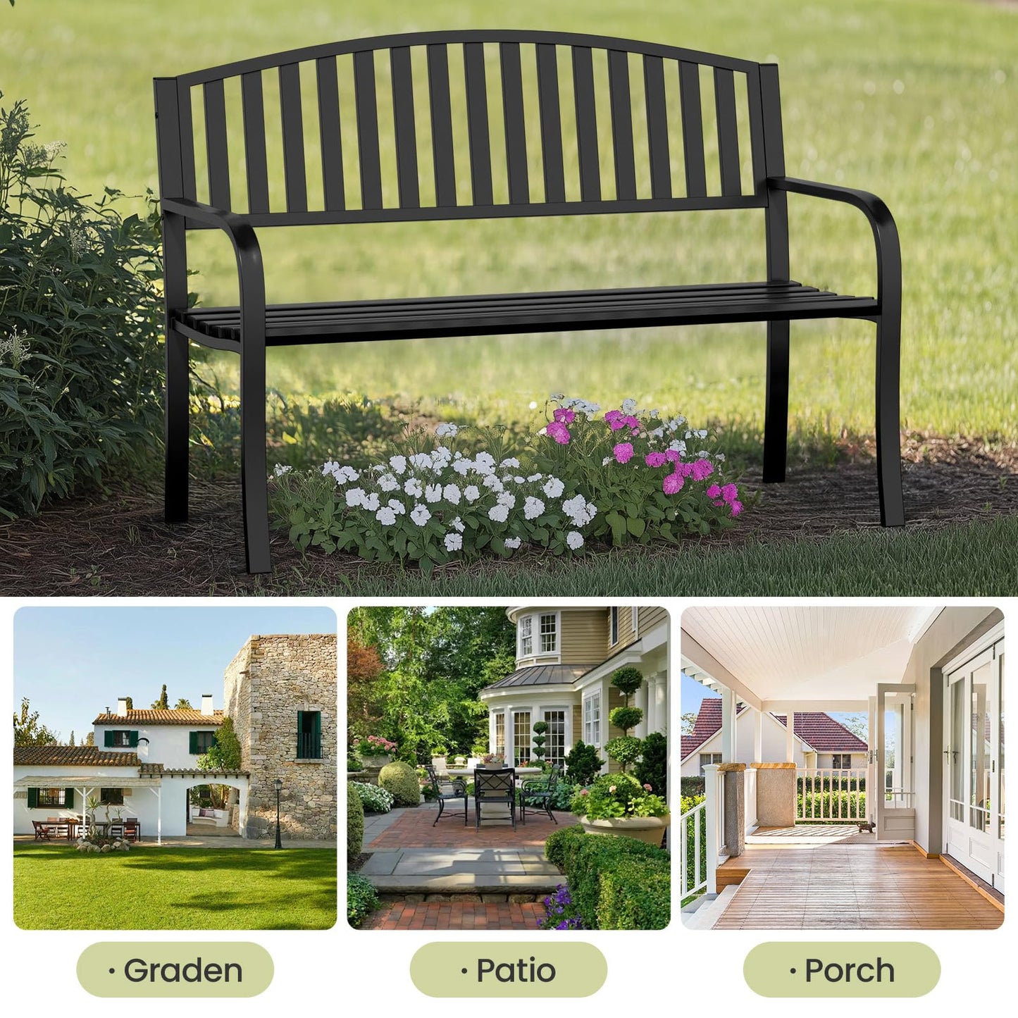 GUINGFUN 50" Outdoor Bench, Heavy-Duty Metal Frame Graden Bench, Weatherproof Patio Park Bench for Front Porch, Park, Yard, Patio