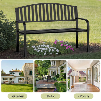 GUINGFUN 50" Outdoor Bench, Heavy-Duty Metal Frame Graden Bench, Weatherproof Patio Park Bench for Front Porch, Park, Yard, Patio