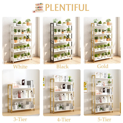 OSCHF Wide Open Shelf Bookcase - Modern 5-Tier Freestanding Display Bookshelf with Three-Side Panels for Home and Office, Storage Shelving in Warm White with Gold Frame