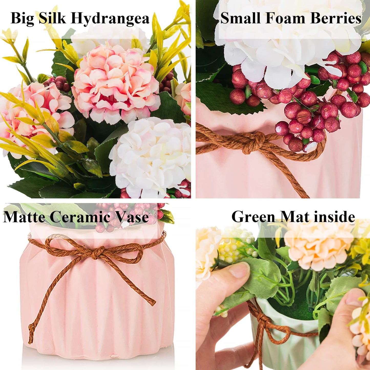 BLOSMON Fake Flowers in Vase for Centerpieces: 4 PCS 5.9 Inch Small Artificial Hydrangea with Vase Table Decor - Faux Floral Arrangements Desk Home Party Bathroom Office Decorations