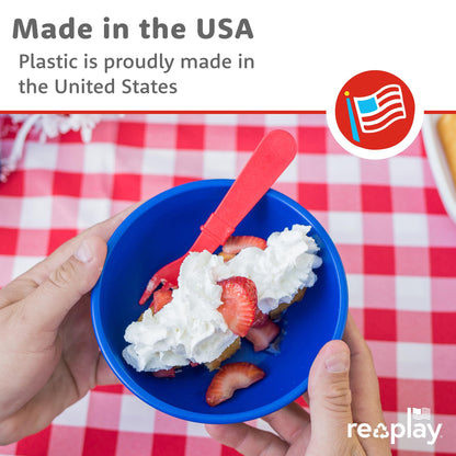 Re-Play 3 Divided Toddler Plates, 3 Utensils Set and 3 Wide Base Bowls - Dishwasher and Microwave Safe - Made in USA - Aqua Asst