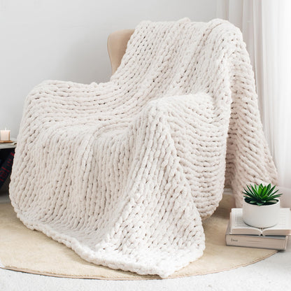 LONG CREATE Chunky Knit Throw Blanket 50"X 60", 100% Handmade with Soft Chenille Yarn, 4.4lbs Thick Cable Knitted Blankets, Large Rope Knot Crochet Throws for Couch Sofa Bed Home Decor, Cream White