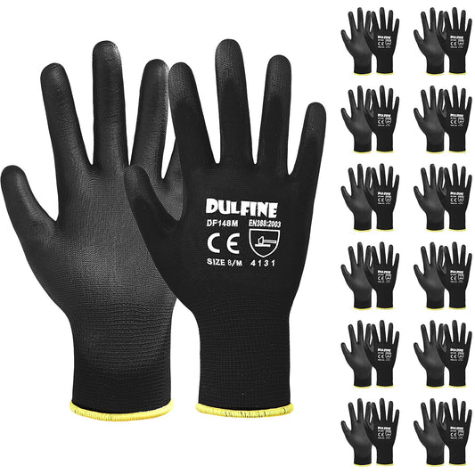 Ultra-Thin PU Coated Work Gloves-12 Pairs,Excellent Grip,Nylon Shell Black Polyurethane Coated Safety Work Gloves, Knit Wrist Cuff,Ideal for Light Duty Work. (Small)