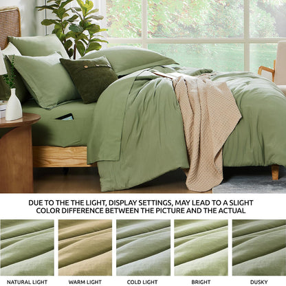 WRENSONGE Queen Comforter Set - 7 Pieces Sage Green Soft Bed in a Bag Queen with Fitted Sheet, Flat Sheet, 2 Pillow Shams, and 2 Pillowcases- Warm Bedding Sets Queen for All Season