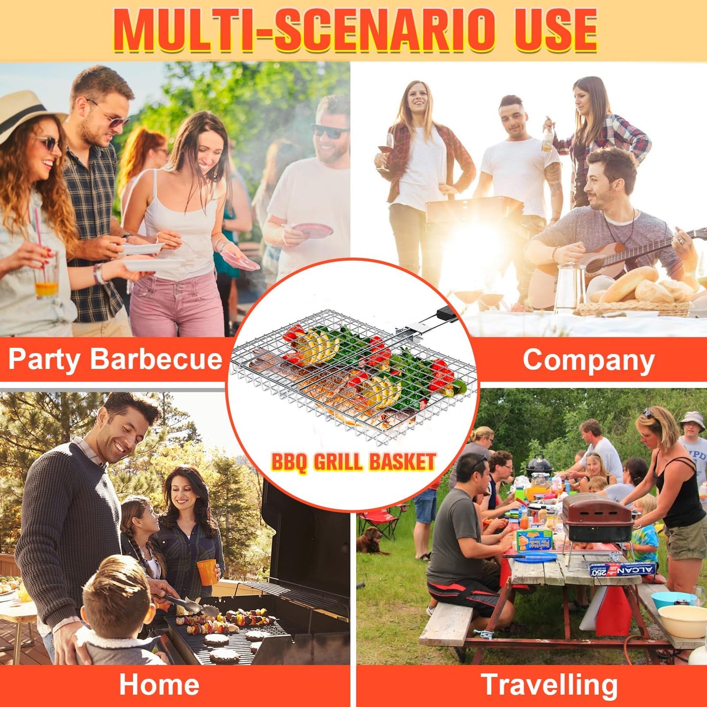 Grill Baskets for Outdoor Grill|Stainless Steel Large Grilling Basket with Removable Wooden Handle|Fish Grilling Basket Grilling for Meat,Steak,Vegetables & Seafood| Grilling Gifts for Dad/Men,Perfect Grilling Accessories