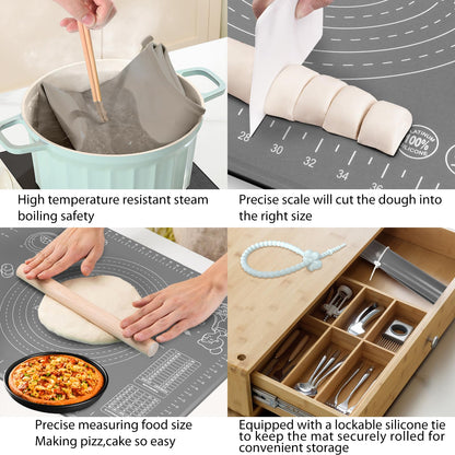 Silicone Pastry Mat 28" x 20" Extra Thick Non Stick Baking Mat with Measurements and Edge Heightening, Food Grade Silicone Rolling Mat for Pastry, Bread, Cookies, Pizza, Fondant, Pasta