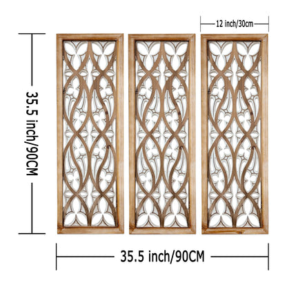XIAOAIKA Hand Carved Boho Wood Wall Art - Decorative Large Wall Panels, Antique Distressed Wood Sculpture, Elegant Wall Decor Hanging Plaque, Suitable for Gifting (35.5 Inch, 3 Panels)